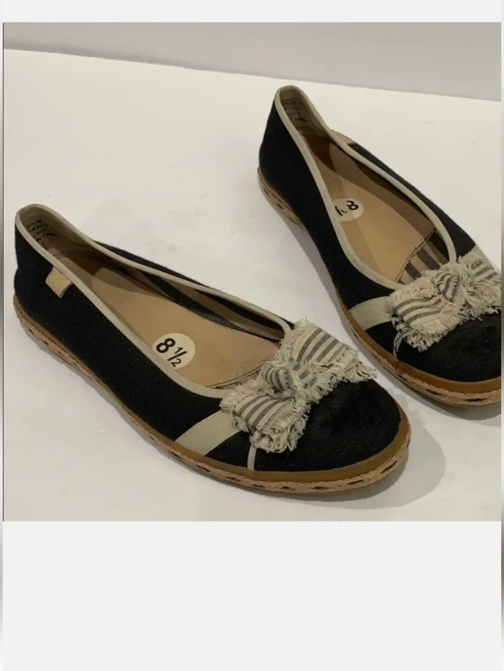 Sperry Top-Sider Katama Cream/Black Slip-on Espadrille Flats Frayed Bow Size 8.5